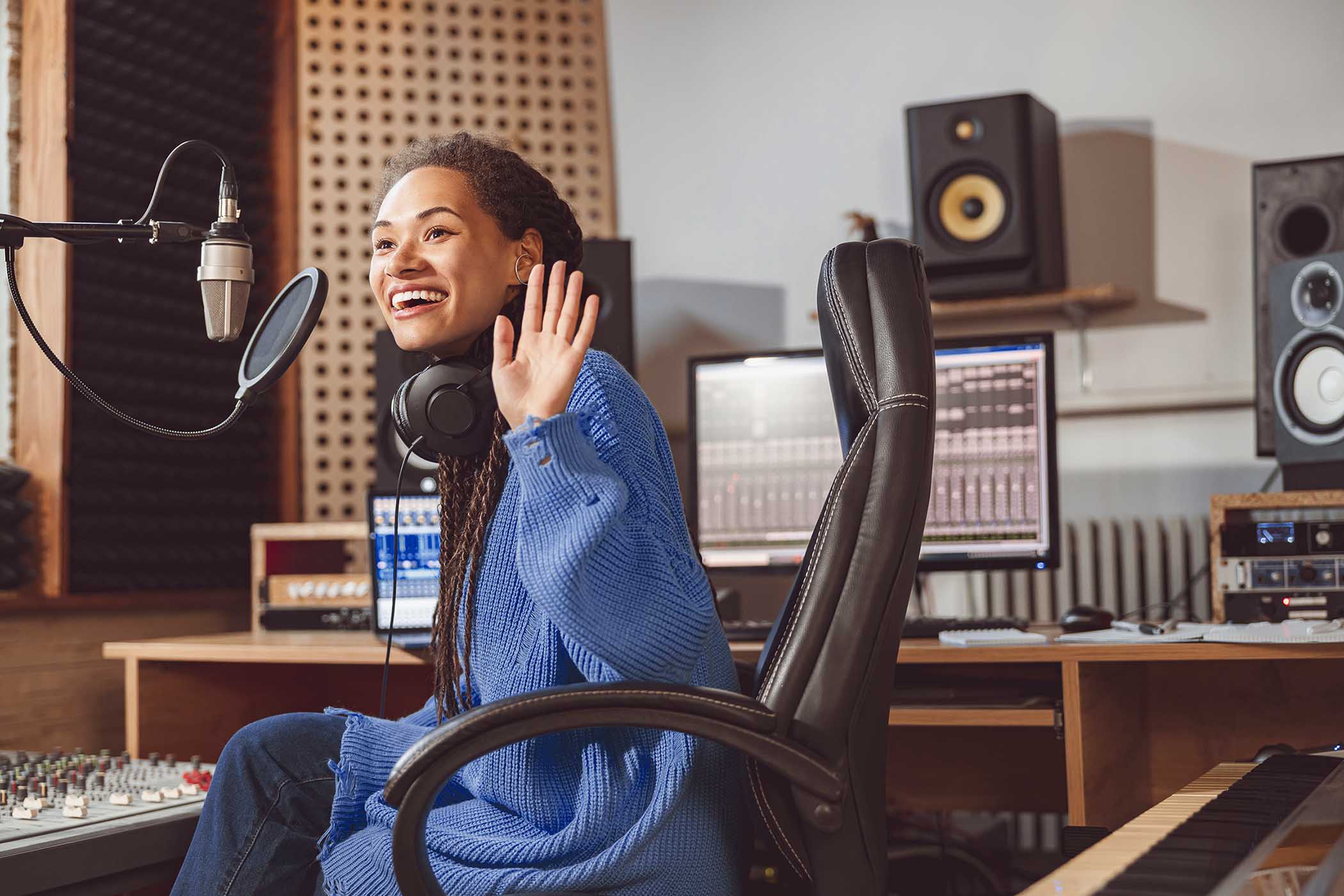 Voice artist in professional recording studio